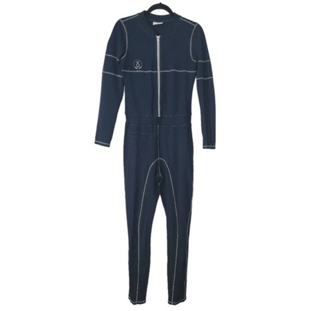 Diafora Olympus Bodysuit Jumpsuit Sz L Dark Teal‎ Blue Front Zip Bodycon Sexy